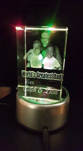 Engraved 3D crystal cube award with name and logo for employee recognition